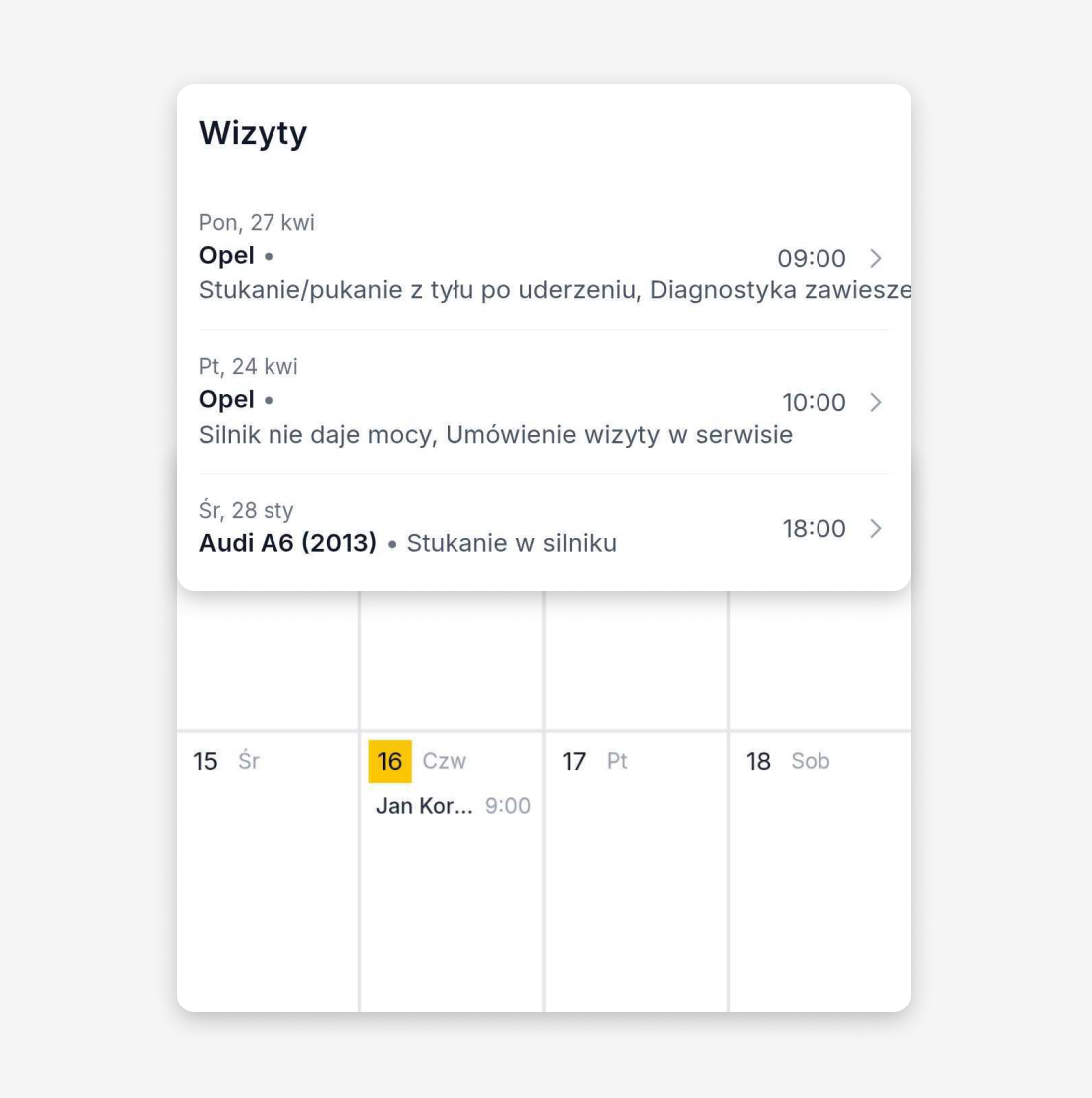 Kalendarz i lista wizyt w PilotGo