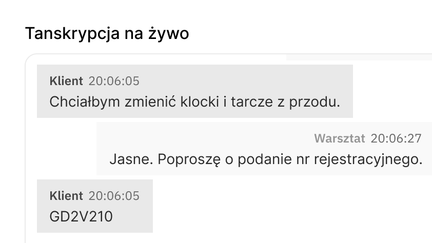 Numer rejestracyjny i zakres naprawy rozpoznane w rozmowie