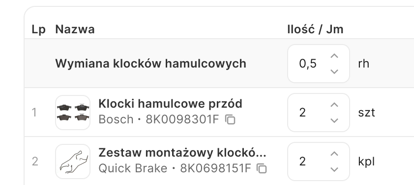 Proponowane części do wymiany klocków hamulcowych