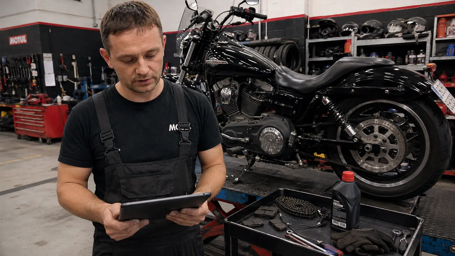 Mechanik sprawdza informacje na tablecie obok motocykla na podnośniku